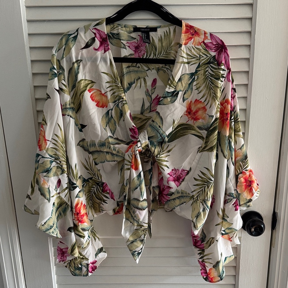 Forever 21 Floral Tie-Front Top - White with Pink & Green